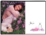 Estee Lauder, kobieta, kwiaty, szczeniaki, flakon, perfumy,  pleasures